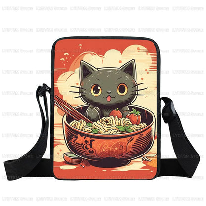 Japanese Black Cat Eating Ramen Print Crossbody Bag Women Shoulder Bag for Travel Phone Wallet Holder Teenager Messenger Bags