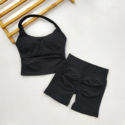 VEQKING Seamless 2pcs Women Yoga Sets Open Back Longline Sports Halter Bras Running Tank Tops Scrunch Butt Gym Workourt Shorts