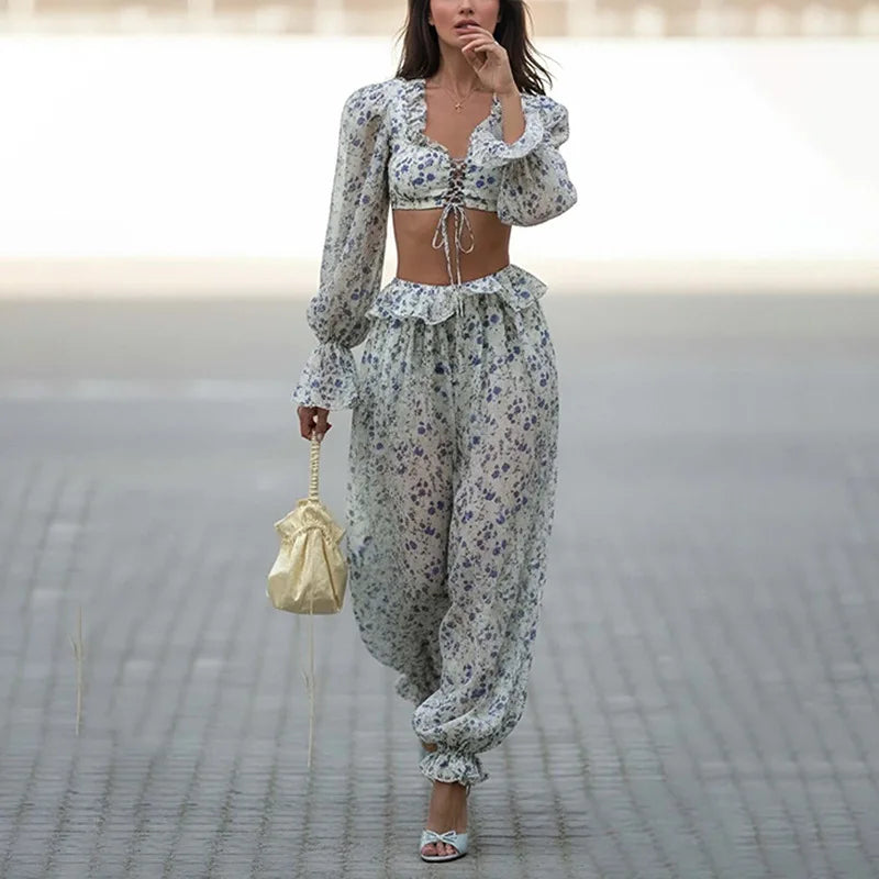 Fashion Long-sleeved Sexy Waist-baring Trousers 2-piece Set Women's Summer New Casual Simple Printed Shirt Trousers Suit Female
