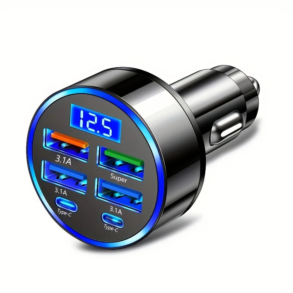 6-in-1 Fast Charging Car Adapter 3.1A Dual Type-C Digital Display Smartphones Tablets Power Banks Black Portable Charger