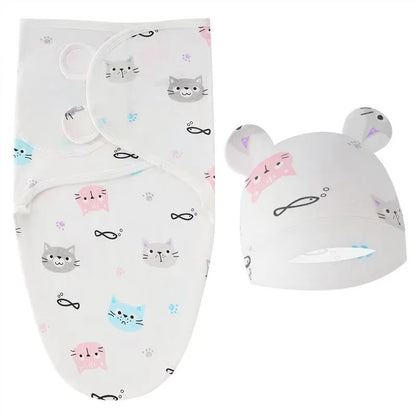 Baby Blanket Hat Set Cartoon Printed Cotton Newborn Swaddle Adjustable Infant Sleeping Swaddle Wraps All Seasons 0-6 Months