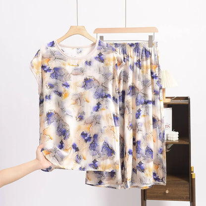 XL to 6XL Plus size Summer Pajamas set short sleeve Tshirt and Capri Pants Floral Print Loose homewear suits comfort sleepwear