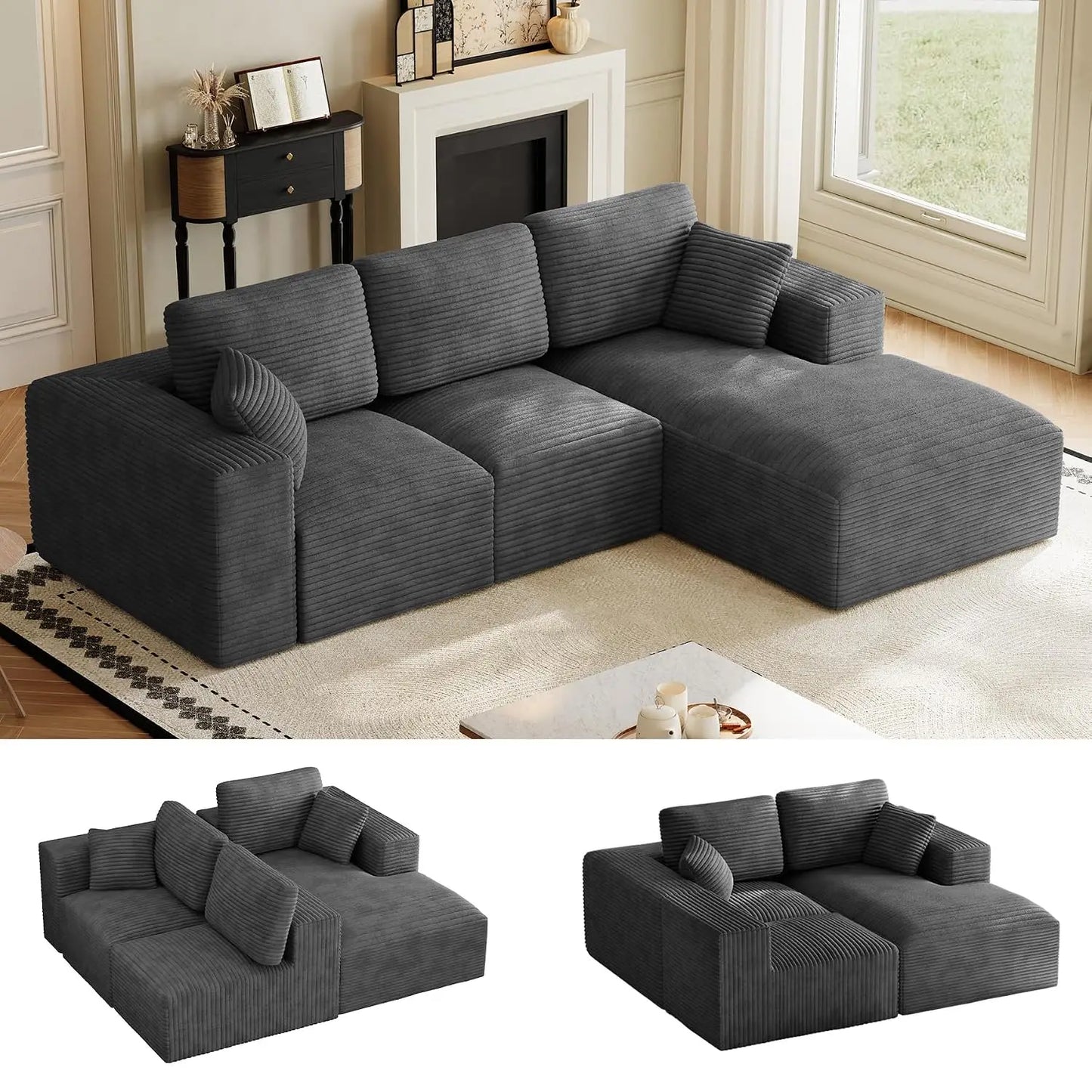 109" L-Shaped Cloud Boneless Couch Sofa with Chaise, Black, Custom