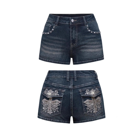High Waist Distressed Denim Shorts Female Jeans Womens Jeans Shorts Vintage Y2K Punk Style Embroidered Hot Pants