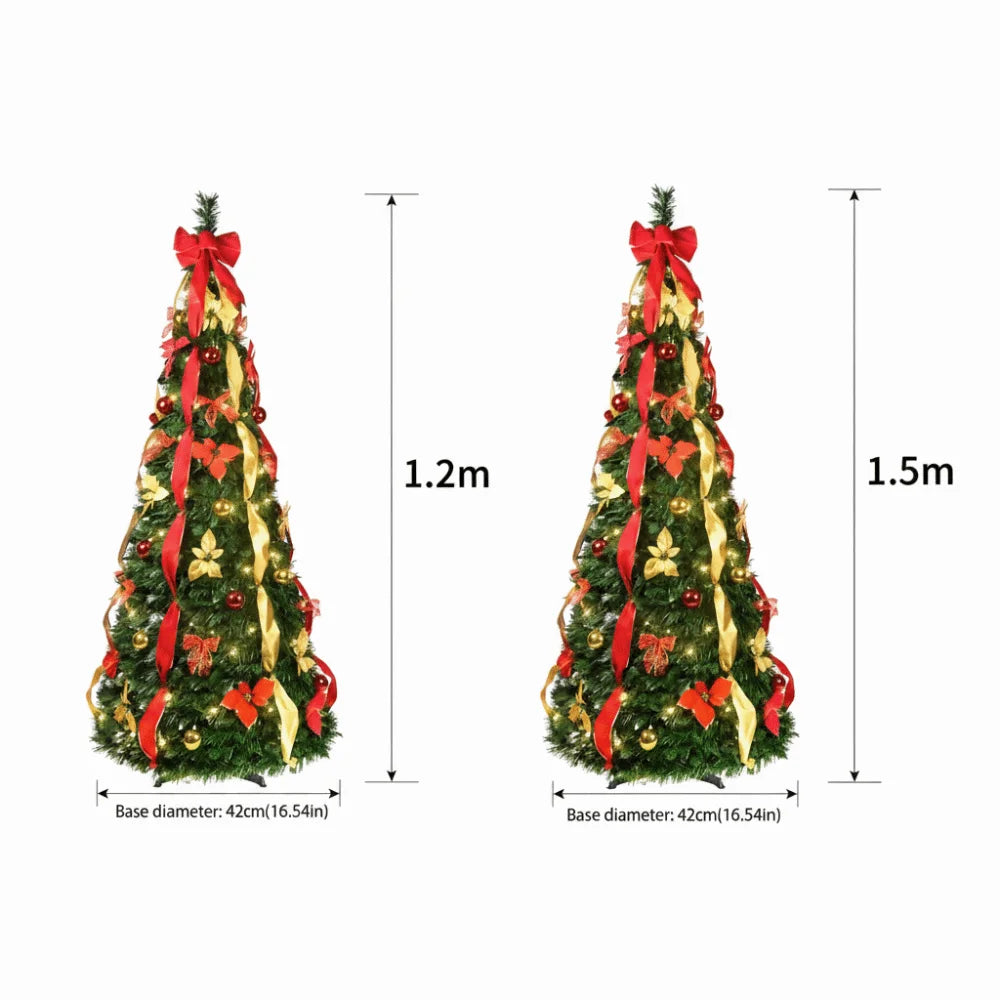 Pre-Decorated Pop-Up Christmas Tree Warm White Lights Gold Ornaments Folding Christmas Tree Easy Assembly Space-Saving