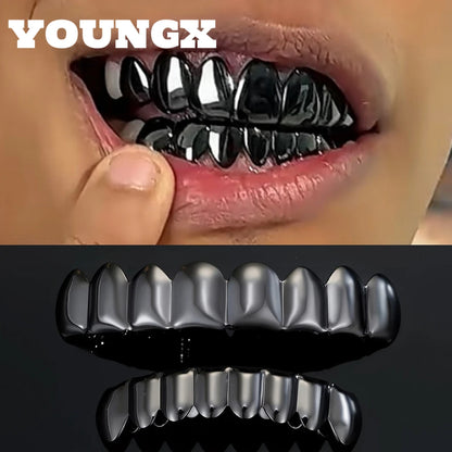 YOUNGX Top Bottom Smooth Black Color Teeth Grillz Braces Hip Hop Glossy Tooth Caps For Women Men Jewelry Wearable Dental Grills