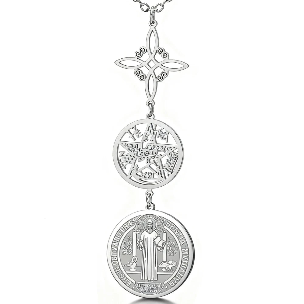 Triple Protection Necklace With Witch Knot Pentagram Tetragrammaton St. Benedict Stainless Steel Spiritual Symbol Amulet Jewerly