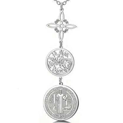 Triple Protection Necklace With Witch Knot Pentagram Tetragrammaton St. Benedict Stainless Steel Spiritual Symbol Amulet Jewerly