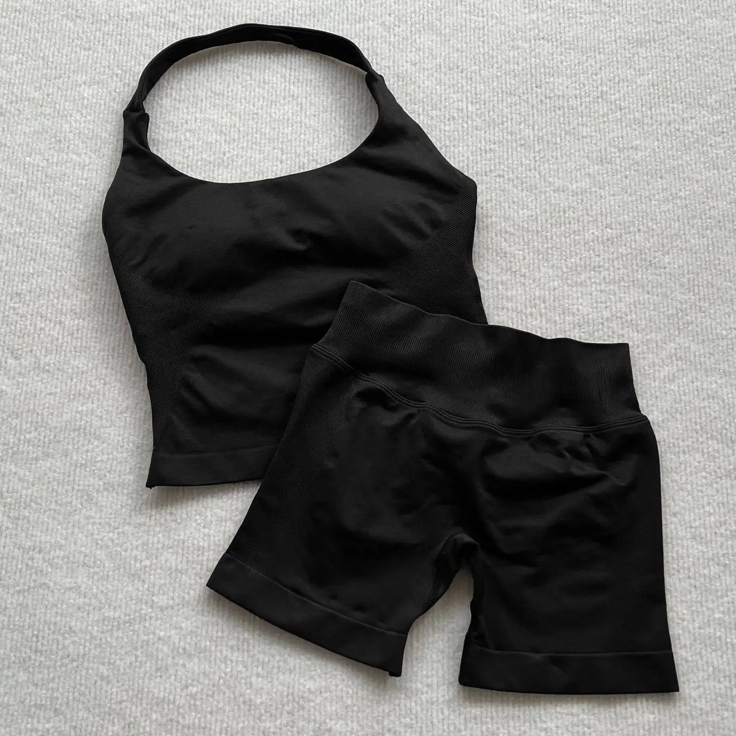 VEQKING Seamless 2pcs Women Yoga Sets Open Back Longline Sports Halter Bras Running Tank Tops Scrunch Butt Gym Workourt Shorts