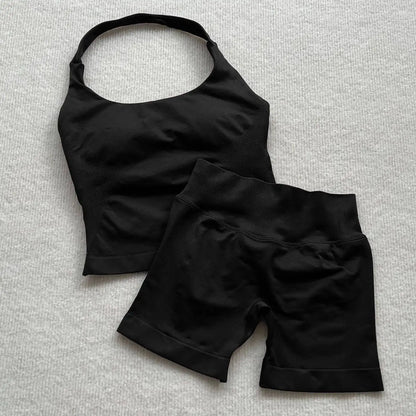 VEQKING Seamless 2pcs Women Yoga Sets Open Back Longline Sports Halter Bras Running Tank Tops Scrunch Butt Gym Workourt Shorts