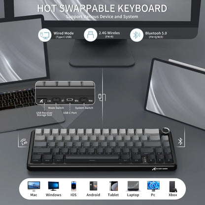 ATTACK SHARK X66 65% Wireless Mechanical Keyboard with Knob, 66 Keys Tri Mode Gasket Hot Swap RGB Gaming Keyboard 60 Percent,PBT