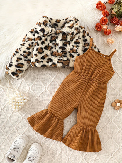 Toddler Baby Girl Leopard Faux Fur Jacket & Corduroy Flared Pants Set