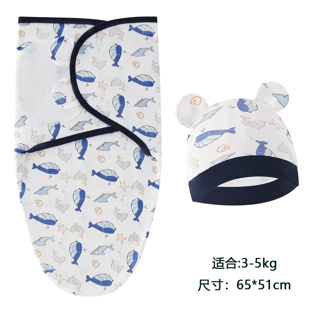 Baby Blanket Hat Set Cartoon Printed Cotton Newborn Swaddle Adjustable Infant Sleeping Swaddle Wraps All Seasons 0-6 Months
