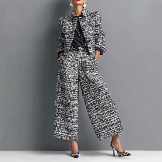 Fashionable Commuter Women's Suit Casual Solid Color Lapel Cardigan Short Jacket Paired With Loose Wide-leg Pants Two-piece Set