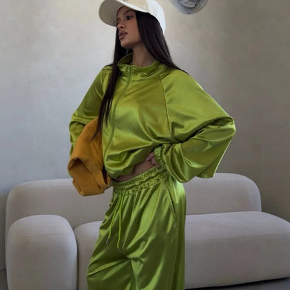 2026Spring Autumn New Satin Women's Sports Suit Fashion Zipper Long Sleeve Jacket Casual Loose Female Wide Leg Pants 2 Piece Set