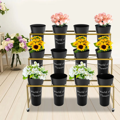 3 Layers Flower Display Stand with 12PCS Black Buckets,Metal Moving Plant Stand with Wheels, Garden Cart Display Flower Shelf