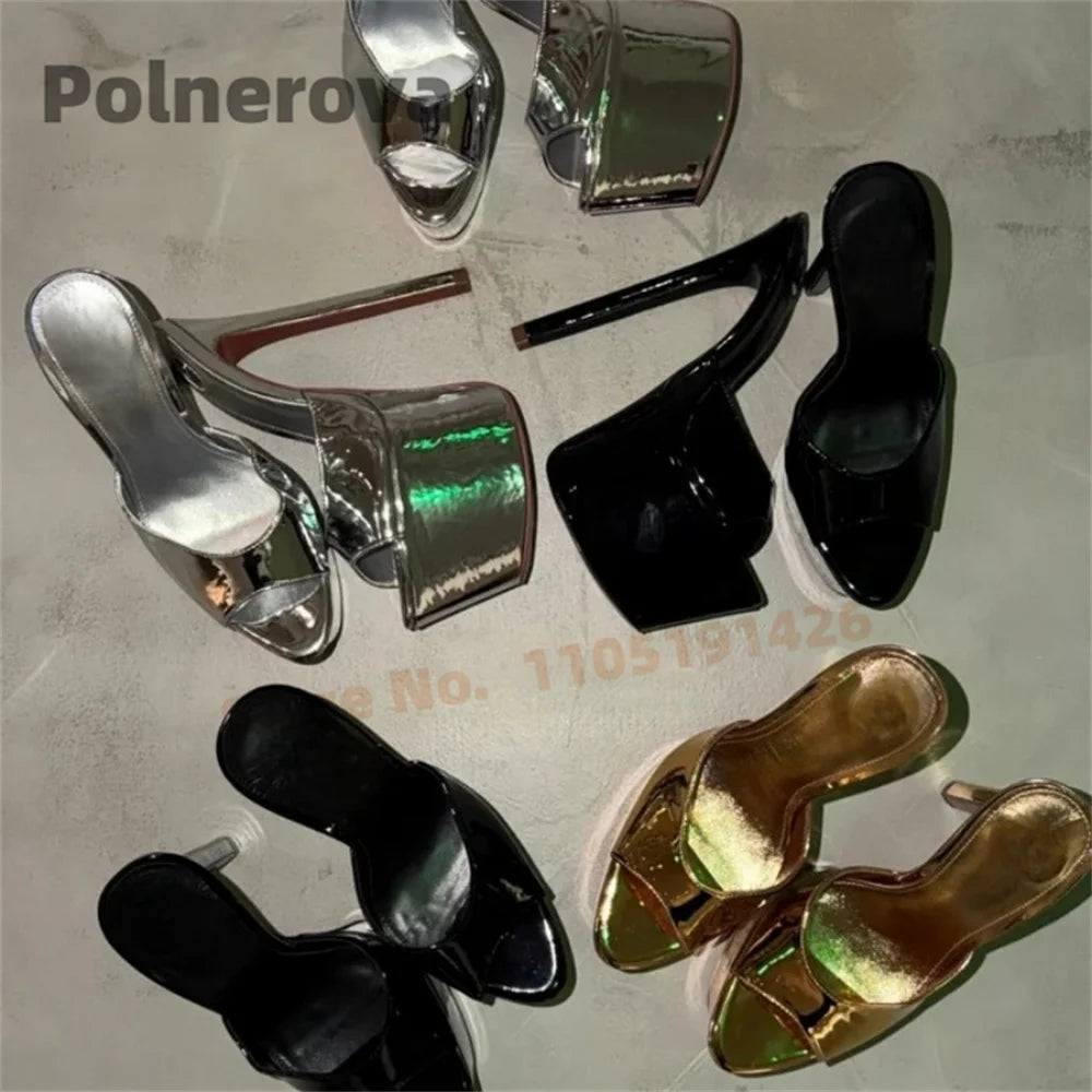 Gold Silver Platform Mules Slippers Women Extreme High Heels Pull-On Modern Slippers Open Toe Sandals Concise Outside Shoes