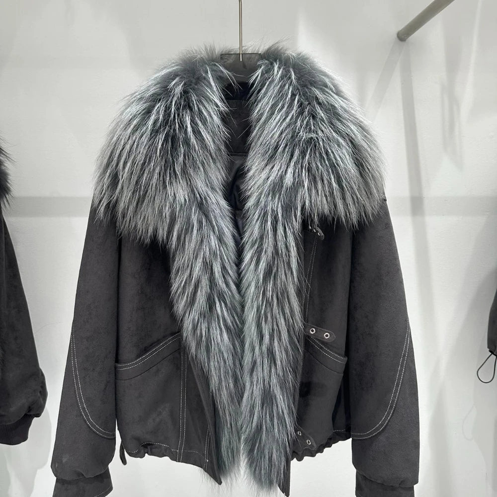 OFTBUY Women Suede Cropped Coat Oversized Real Fox Fur Collar Goose Down Jacket Winter Warm Drawstring Hem Daily Wear Outerwear