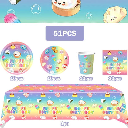 Squishy Bao Bun Themed Birthday Party Decorations Set Tableware Paper Plates Cups Cute Squishy Gift Bags Balloon Banner Supplies