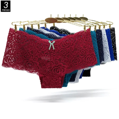 3PCS Transparent Boyshorts Women Underwear Lace Boxers Ladies Plus Size M-XXL Hollow Out Floral Panties Femme Intimates