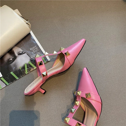 2024 New Rivet Pointed Thin Heel Baotou Half Slipper Female Middle Heel Shallow Mouth Lazy Mueller Shoes