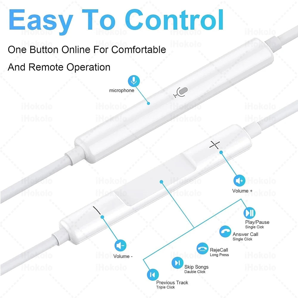 Original Wired Earphones For Apple iPhone 17 16 15 14 13 12 11 Pro Max iPad In-Ear Earbuds For Lightning USB-C 3.5mm Headphones