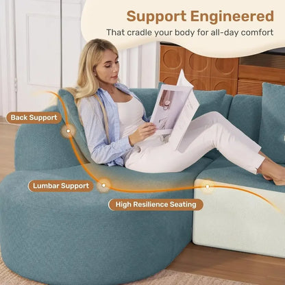Light Blue 114 Curved Chaise Sectional Sofa, L-Shape Cloud Design, No Assembly Needed for Living Room