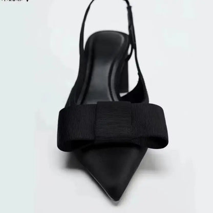Summer New Women's Shoes with Black Bow Decoration, Exposed Heels, Thick Heels, Pointed High Heels, Shallow Sandals