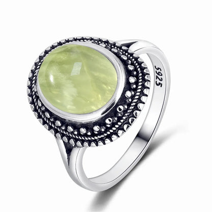 925 Sterling Silver Ring With Natural Prehnite Stone 8*10mm Oval Shape With Crystal Flower Design Gifts Fine Jewelry For Women