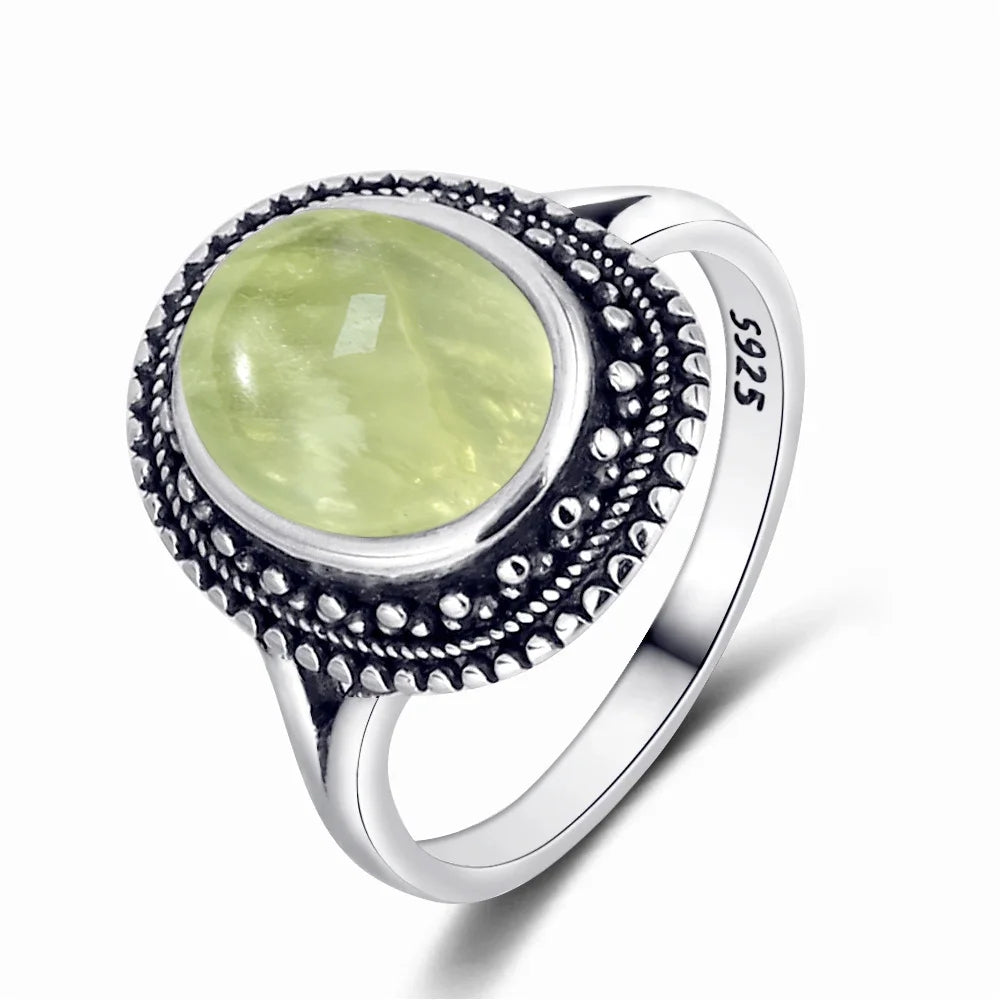 925 Sterling Silver Ring with Natural Prehnite Stone 8*10mm Oval Shape