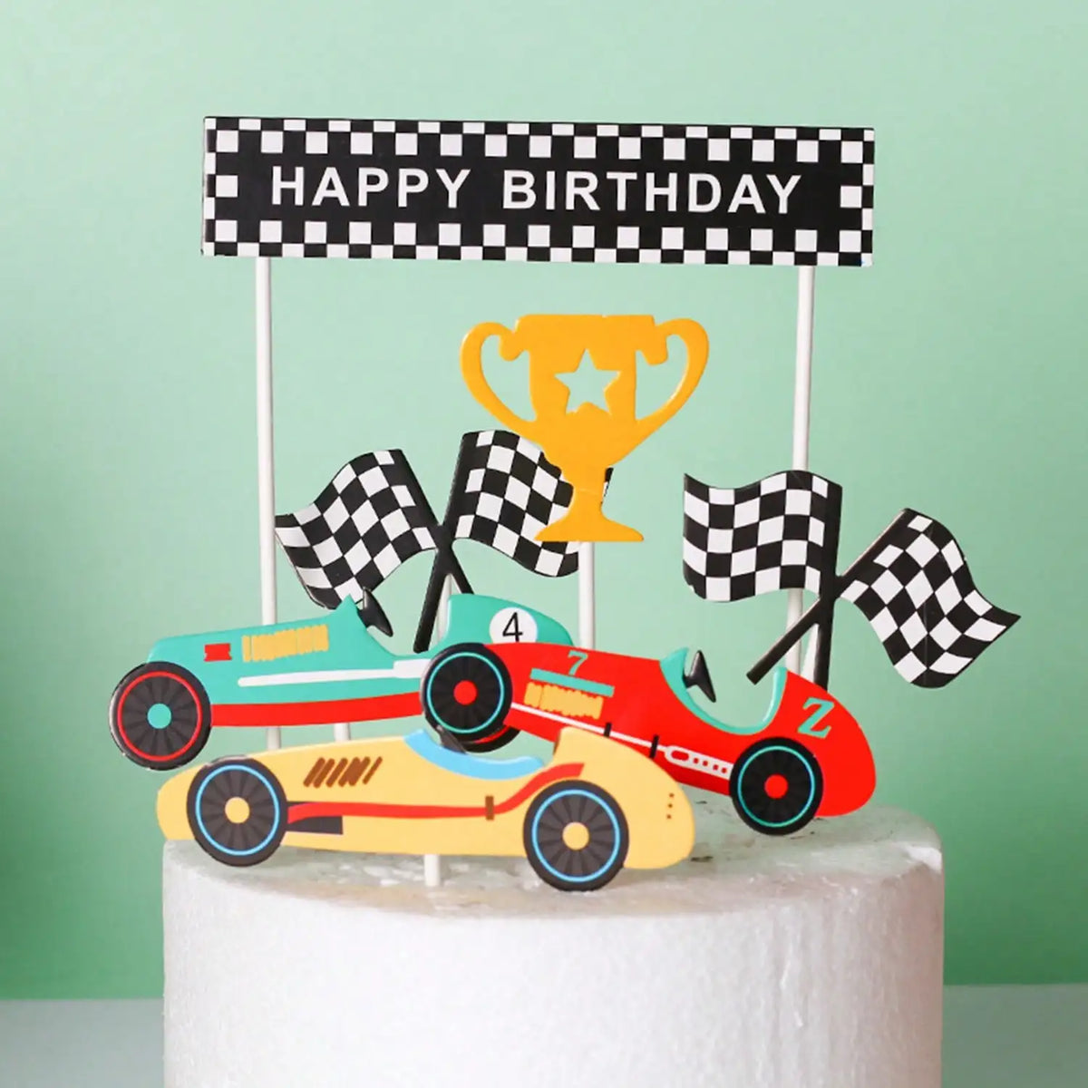 1set Racing Car Cake Topper Checkered Flag Trophy Happy Birthday Cake Decor For Boys Race Car Theme Birthday Party Supplies
