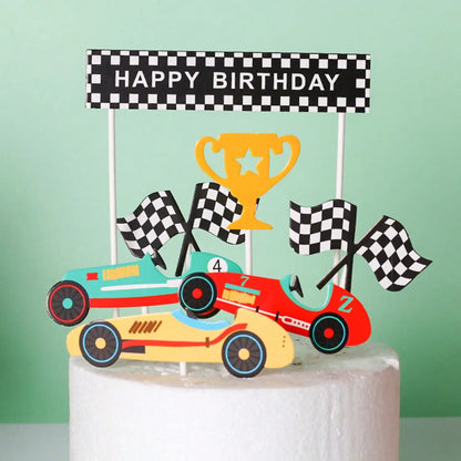 1set Racing Car Cake Topper Checkered Flag Trophy Happy Birthday Cake Decor For Boys Race Car Theme Birthday Party Supplies