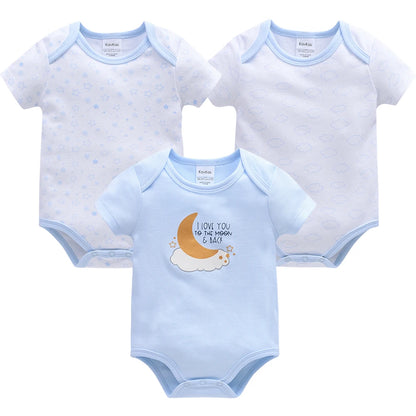 New Baby Boy Clothes Summer 100%Cotton Blue Grey Tie Print Three Piece Short Sleeve Bodysuit Pants Vetements Bebe For 0-12M