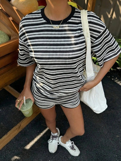 2026 Casual Striped 2 Piece Sets Women Outfit Color Block T Shirts High Waist Short Sets Streetwear Summer Shorts Matching Set