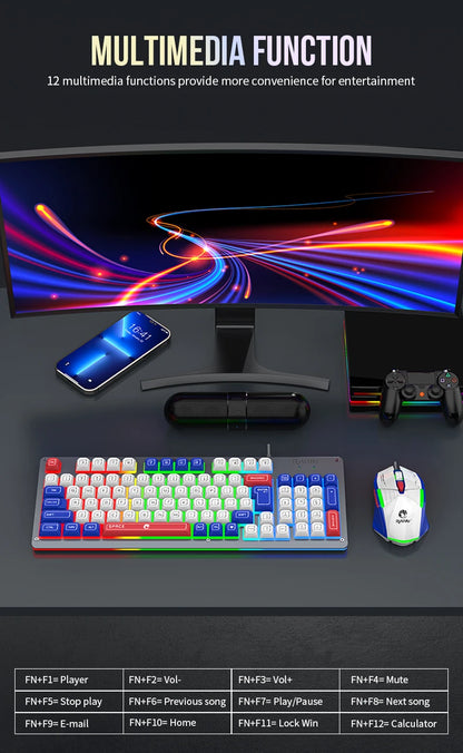 Mecha Style Gaming Wired Keyboard Mouse Set Rainbow Glow Backlit 98 Keys Metal Panel Laptop Desktop