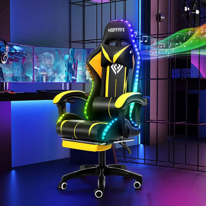 Fashion High Back Video Game Chair with Speakers Massage Computer Gaming Chair with LED Lights and Footrest