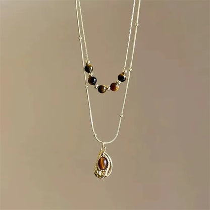 Vintage Leather Brown Stone Sun Pendant Beaded Choker Clavicle Chain Necklace For Women Unique Y2K Personalized Grunge Jewelry