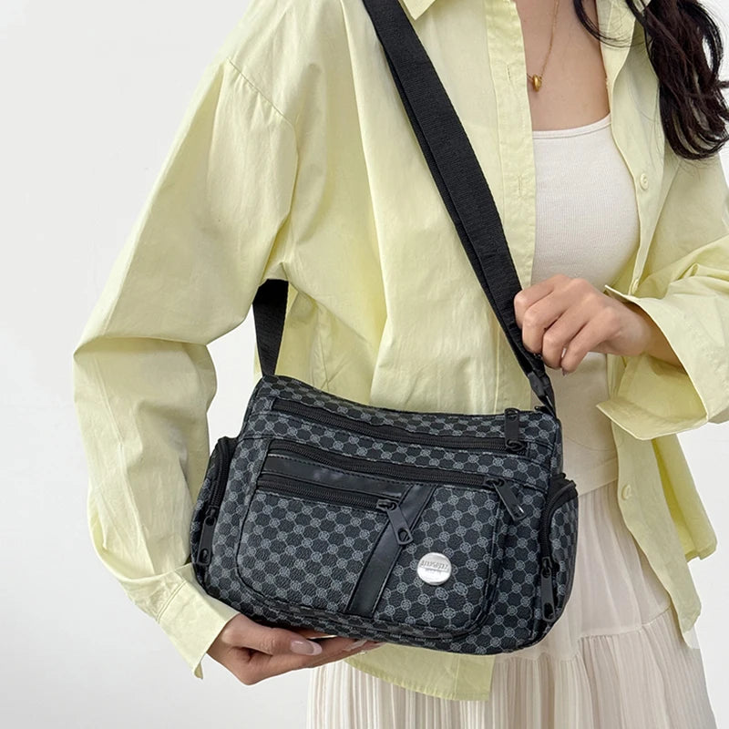 Everyday Versatile Rhombus Pattern Crossbody Bag Trendy Two Color Option, Multi Compartment Layout for Weekend Short Trips