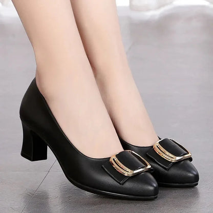 Women Cute Sweet Round Toe Black Pu Leather Spring Slip on Square Heel Shoes Zapatos De Mujer Lady Plus Size Office Pumps B37