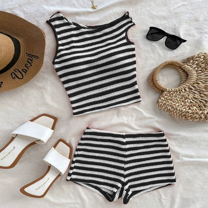 Women's Summer Short Two-piece Set New Vacation Style Striped Slim Fit Slim  Slimming Vest Hip Hugging Short Pants Set For Women