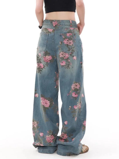 2026 Ropa Y2K Fashion Peach Blossom Printed Baggy Jeans Pants For Women Clothing Wide Leg Casual Lady Trousers Pantalon Femme