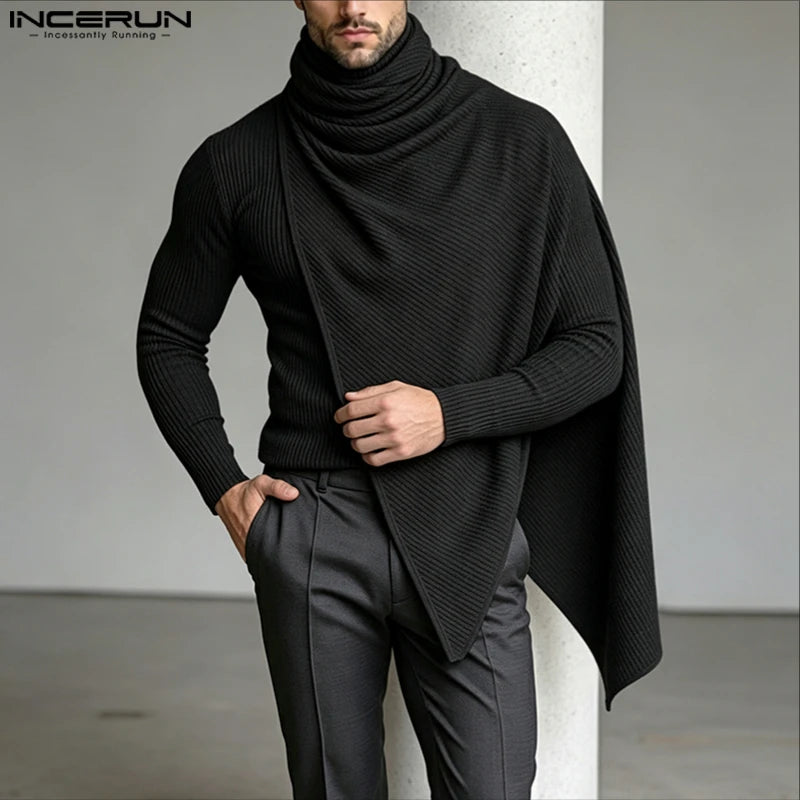 INCERUN Men's Pullovers Solid Turtleneck Long Sleeve Casual Irregular Tops Sweater For Man Streetwear Loose Fashion Men Clothes