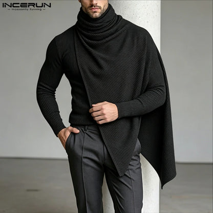 INCERUN Men's Pullovers Solid Turtleneck Long Sleeve Casual Irregular Tops Sweater For Man Streetwear Loose Fashion Men Clothes