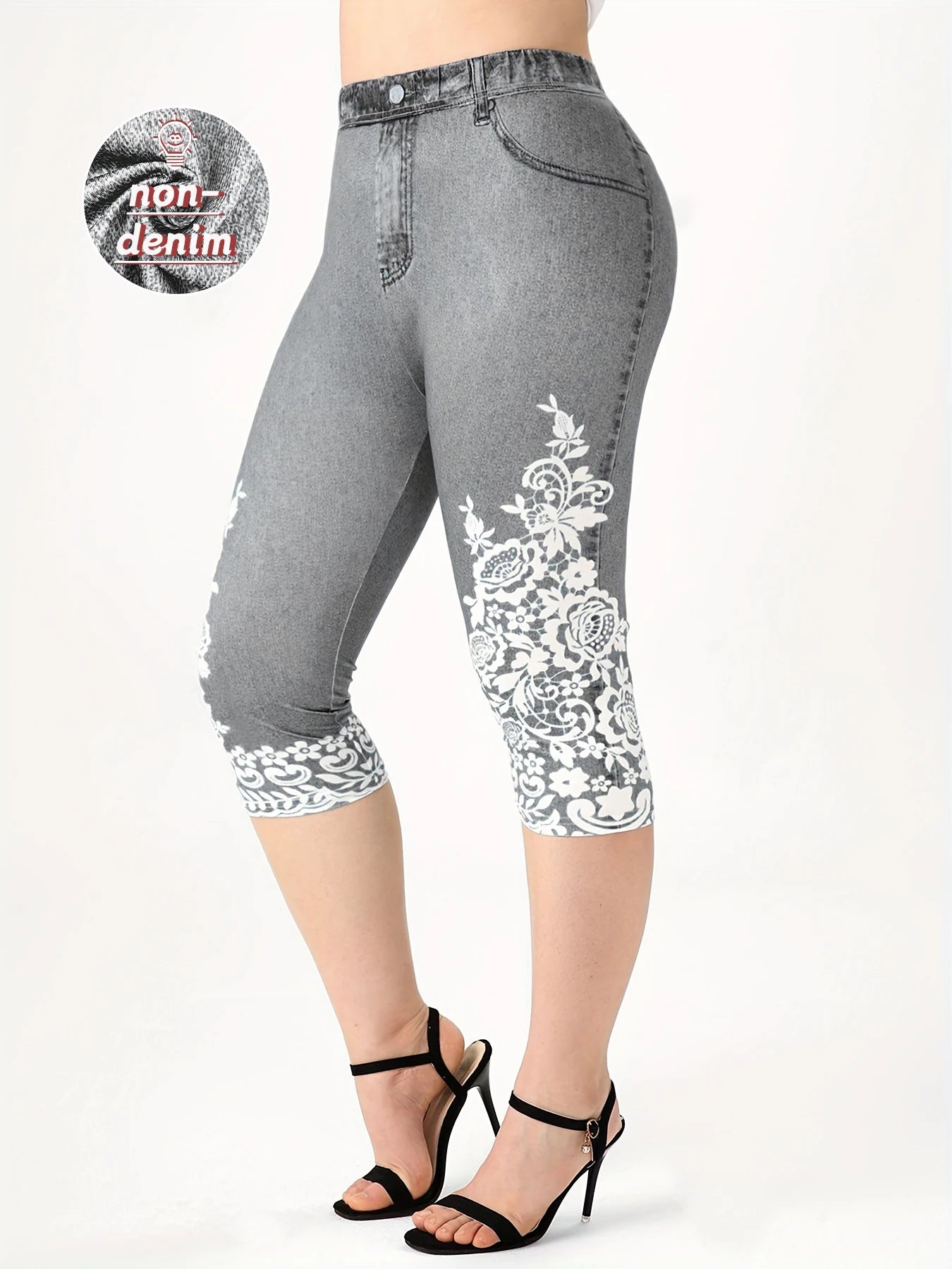 Plus Size Women's Imitation Denim Printed Tight Capri High Elasticity Knitted Fashion Casual Leggings