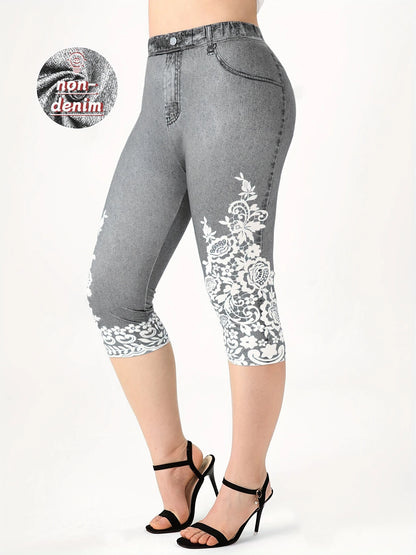 Plus Size Women's Imitation Denim Printed Tight Capri High Elasticity Knitted Fashion Casual Leggings