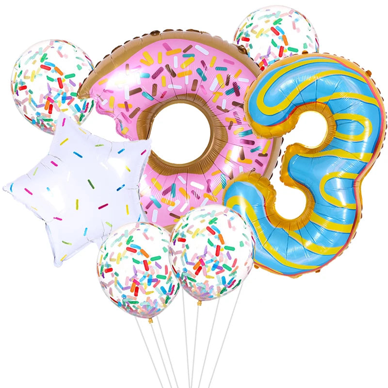 7pcs Donut Number Foil Balloons Set 1st 2nd Girls Birthday Party Decorations Candy Confetti Balloon Baby Shower Wedding Globos