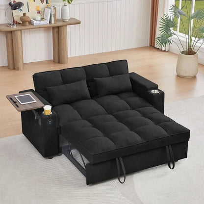 hansones 65'' 3-in-1 Folding Convertible Sofa Bed, Pullout Sofa, Modern Chenille Fabric, 360° Swivel Side Table, Easy Assembly,