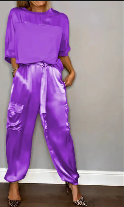 Elegant Satin Two Piece Set Women Outfits Spring Summer Casual Solid O Neck Shirt Long Pants Tracksuit Fashion Female Loose Suit
