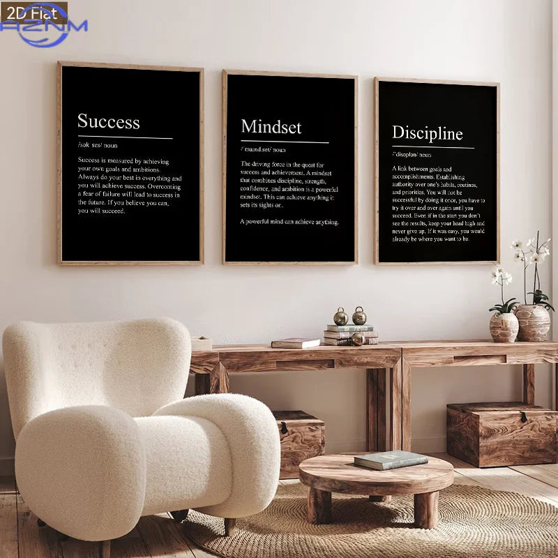 3pcs Motivational Mindset Definition Wall Art, Inspirational Quote Canvas Print for Office Home Decor, Modern Typography Poste