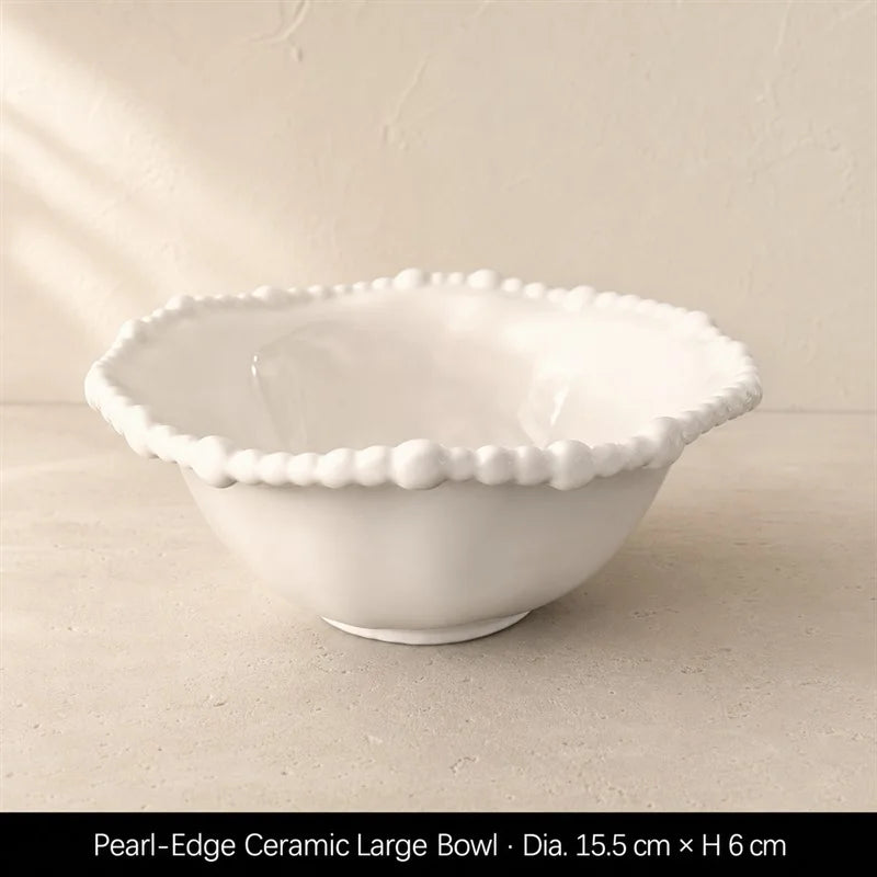Color Value White French Pearl Edge Ceramic Dinnerware Set Elegant Steak Plate Bowl for Home Kitchen Dining